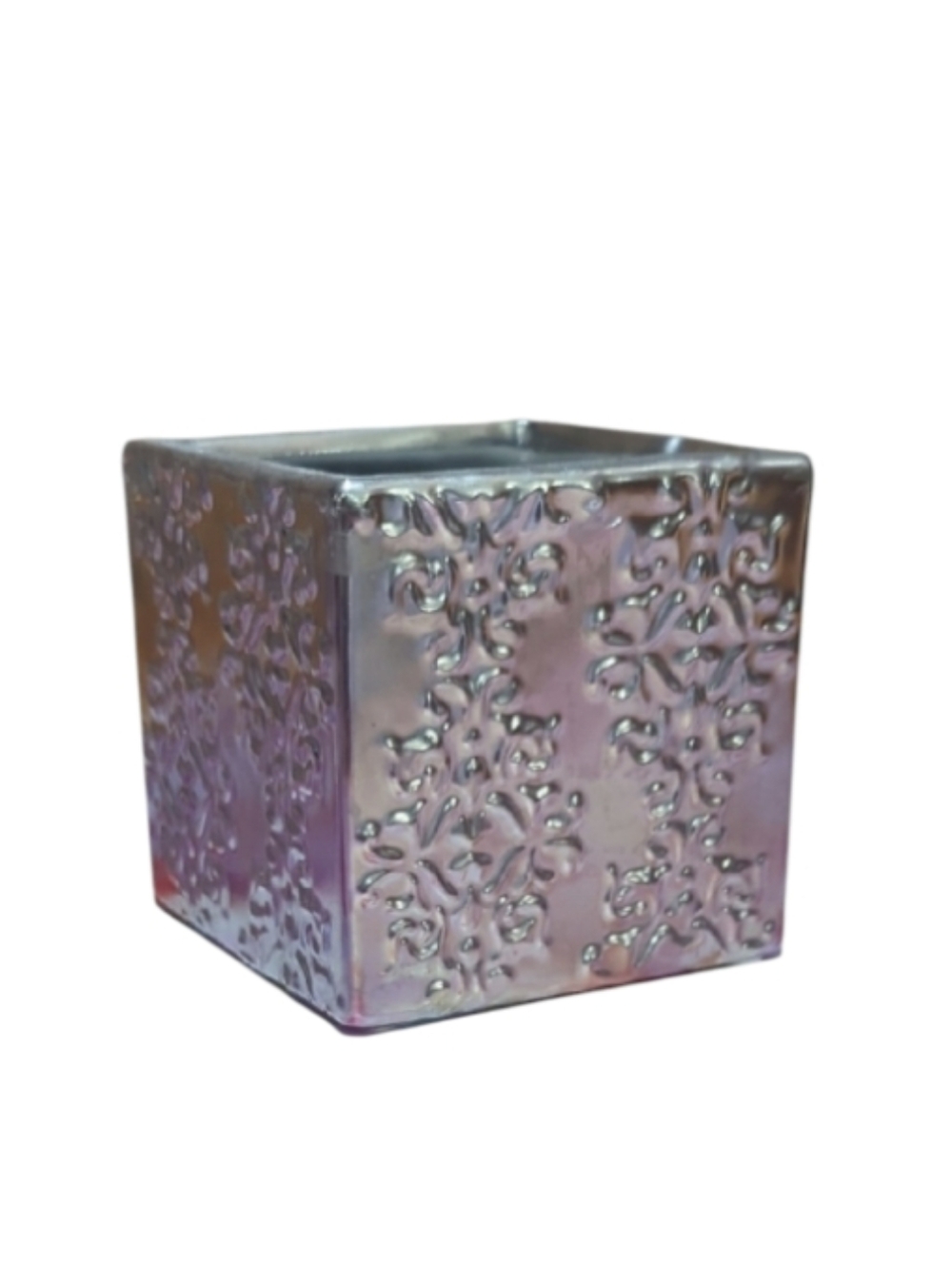 Decorative Silver Floral Embossed Cube Square Vase/ Candle Holder